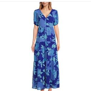 Sugarlips Satin Floral Print Short Sleeve Front Slit Button Front Maxi